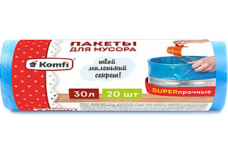 Мешки для мусора ПCД 30л. голубые, суперпрочные, 12мкм, в рулоне 20шт./30 Komfi (PM320PSD)