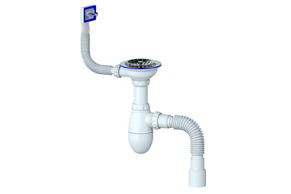 Сифон UNICORN для мойки, выпуск 3 1/2 (Ø40), прямоуг. перелив, чашка нерж. Ø115,ручка-пластик B425P