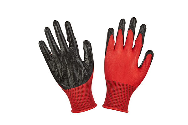 Перчатки нейлоновые КРАСНЫЙ цветные ОБЛИВ ЧЁРНЫЕ ПАЛЬЦЫ, В15 /12/960 