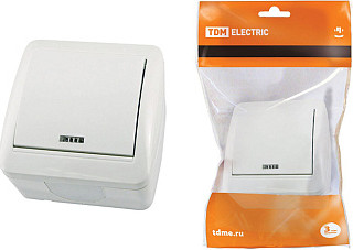 Выключатель TDM "Селигер" 1-кл. открытой установки с подсветкой IP44 10А белый (1818-0003)