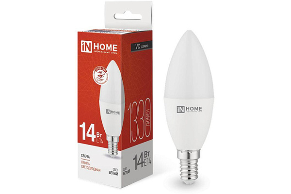 Лампа светодиодная IN HOME LED-СВЕЧА-VC 14Вт 230В E14 4000K 1330Лм 10/100 (7768)
