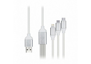 Дата-кабель Smartbuy USB 3в1 Micro+C+8pin резин толст 1.2 м до 3А белый (iK-312QBOMB white) (425)