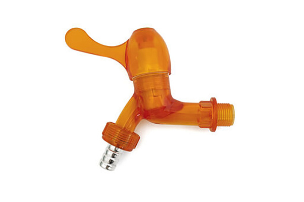 Кран шаровой водоразборный ДУ15 (1/2) пластиковый со штуцером, прозрачный, оранжевый