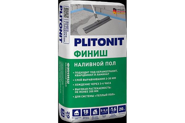 Наливной пол PLITONIT Финиш быстротвердеющий, самовыравнивающийся (20кг) 2-30 мм Н005921