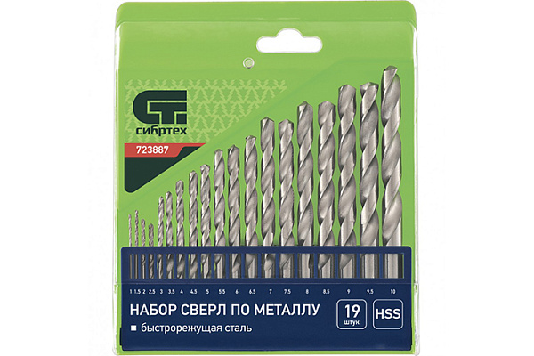 Набор сверл по металлу 1-10 мм (через 0,5мм), HSS, 19 шт.,пласт. короб цил. хвост СИБРТЕХ 723887 (10