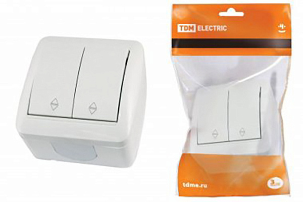 Выключатель TDM "Селигер" на 2 направления 2-кл. открытой установки IP44 10А белый (1818-0012)
