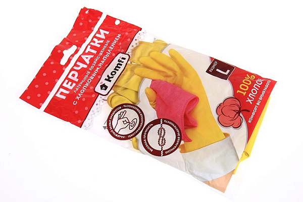 Перчатки хозяйственные латексные Komfi с х/б напылением желтые L/120/10 DGL026P (358)