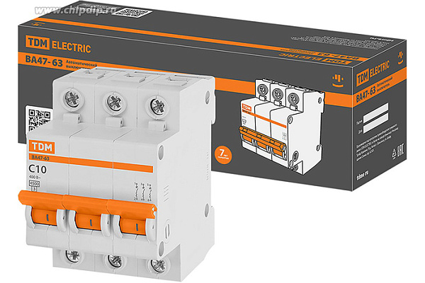 Авт. выкл.TDM ВА47-63 3Р 10А 4,5кА х-ка С (0218-0018)