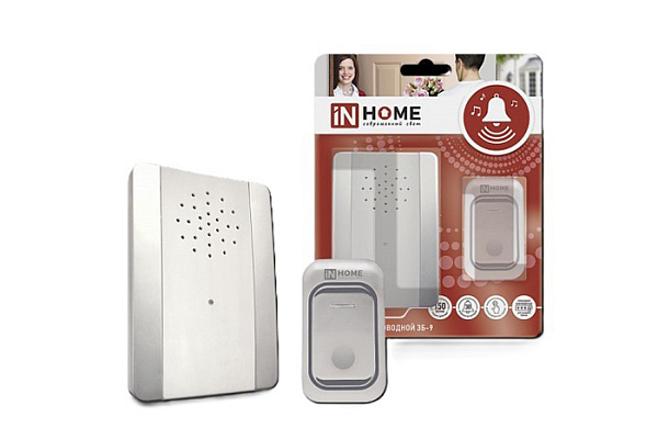 Звонок беспроводной IN HOME ЗБ-9 38 мелодий 150м с кнопкой IP44 с регулровкой зв., подсветкой (374)