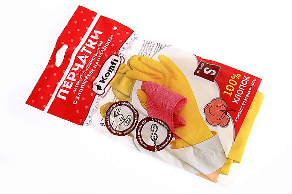 Перчатки хозяйственные латексные Komfi с х/б напылением желтые S/120/12 DGL024P (372)