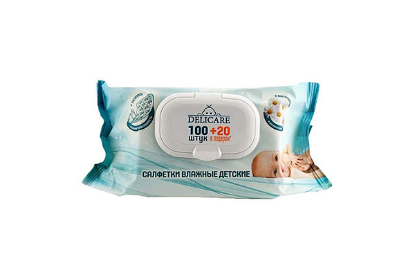 Салфетки влажные DELICARE детские ромашка и витамин Е 120шт (166) 102