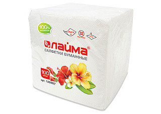 Салфетки бумажные LAIMA/ЛАЙМА, белые, 100% целлюлоза 1-но слойные 100 листов 24х24см (126907)