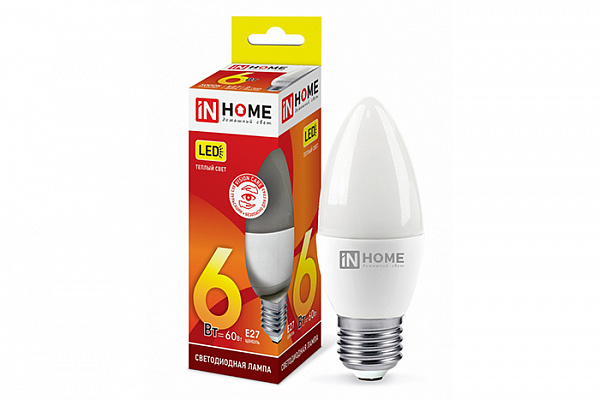 Лампа светодиодная IN HOME LED-СВЕЧА-VC 6Вт 230В Е27 3000К 540Лм (402)