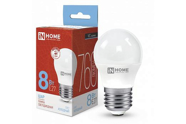 Лампа светодиодная IN HOME LED-ШАР-VC 8Вт 230В Е27 6500К 760Лм 10/100 (4905)
