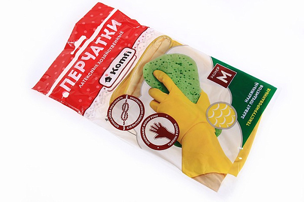 Перчатки хозяйственные латексные Komfi желтые M/240/12 DGL017P (402)