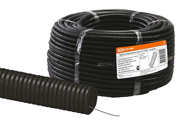 Труба гофрированная TDM ПНД d=16мм с зондом (1м) легкая черная (кратно 100м) (0413-0001) 