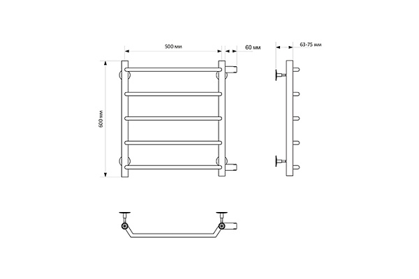 Полотенцесушитель водяной MIXLINE MIRA 60х50х50 (1'' НР, 5 перекладин, боковое подкл.) 556286 