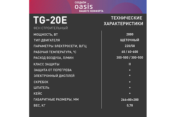 Фен OASIS TG-20E NEW электрический (2000Вт, 220/50В/Гц, темп. нагрева 60-600°С, 0,78кг)