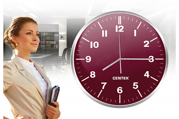 Часы настенные Centek СТ-7100 Red (пурпур + хром) d=30см.плавный ход, кварцевый механизм