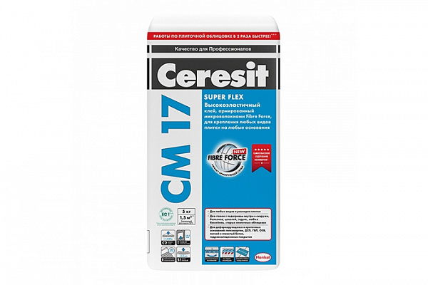 Клей CERESIT CМ17 для плитки эластичный, белый 5,0кг (2559566)