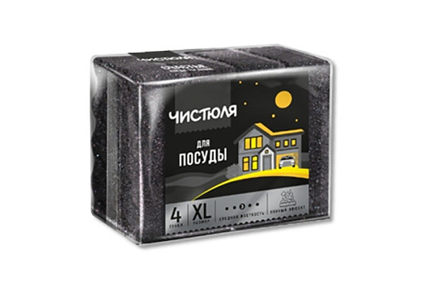 Губка для посуды ЧИСТЮЛЯ 4шт размер XL пенный эффект черный П0323 (1/60)
