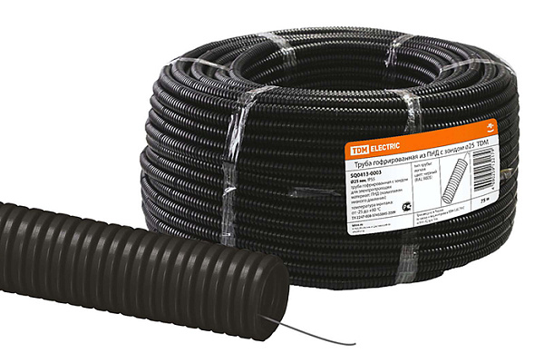 Труба гофрированная TDM ПНД d=25мм с зондом (бухта 75м) легкая черная (0413-0003)