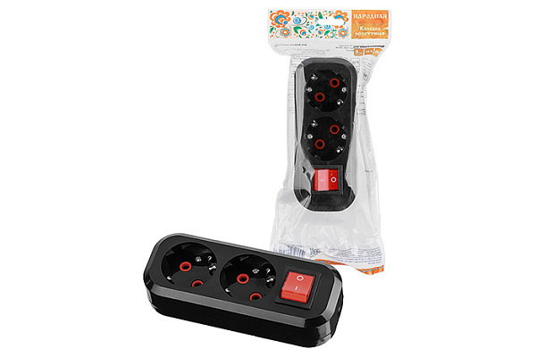 Колодка розеточная TDM 2 гнезда 2П+3 c выключателем 16А 250В черная серии "Народная" (1806-0424)