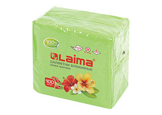 Салфетки бумажные LAIMA/ЛАЙМА, зелёные (пастельный цвет) 100% целлюлоза, 100штук 24х24см (111791)