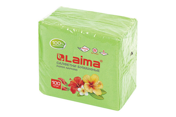Салфетки бумажные LAIMA/ЛАЙМА, зелёные (пастельный цвет) 100% целлюлоза, 100штук 24х24см (111791)