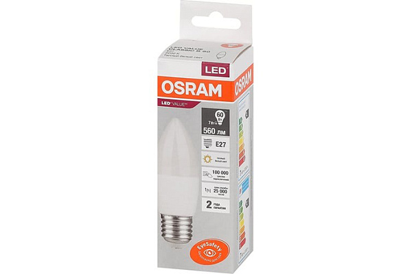 Лампа светодиодная OSRAM LED 7Вт E27 3000К 560Лм свеча 220В (замена 60Вт) (446)