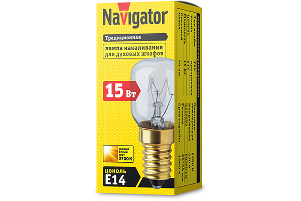 Стандартная лампа накаливания  Navigator  T25  15Вт  230В  E14  специально для духовых шкафов (072)