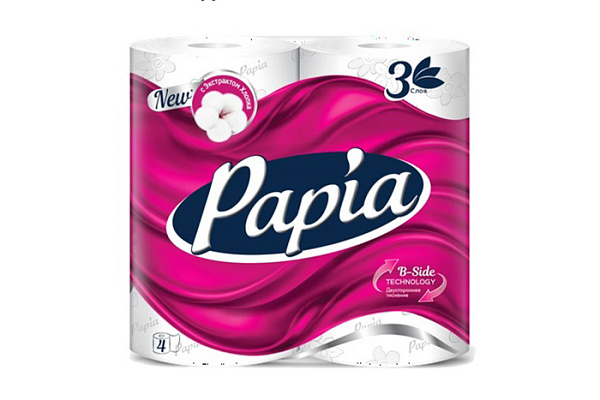 Туалетная бумага PAPIA 3-х слойная, белая, 4 рулона (013)