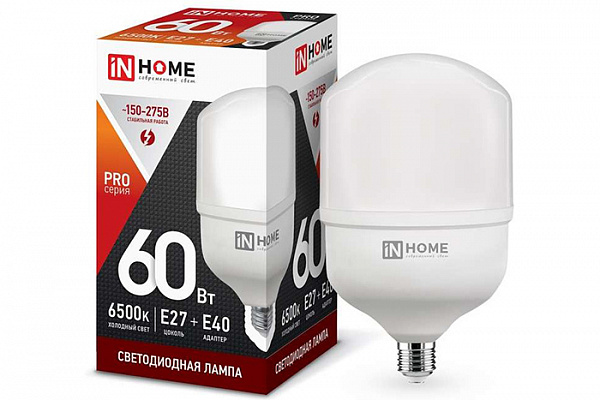 Лампа светодиодная IN HOME LED-HP-PRO 60Вт 230В E27 с адаптером Е40 6500К 5400Лм (132)