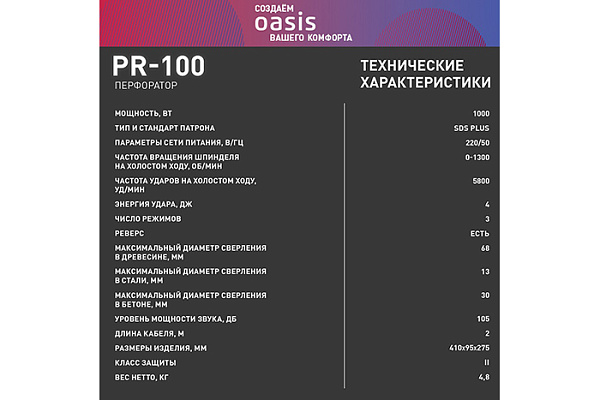 Перфоратор OASIS PR-65 (650Вт, SDS-plus, 2реж, 2,8Дж, 850-4700уд/мин, кейс, 3,2кг)