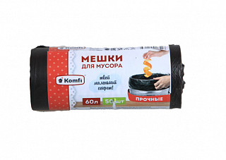 Мешки для мусора ПНД 60л.черные, 8мкм, в рулоне 50шт./50 Komfi (PM650BL)