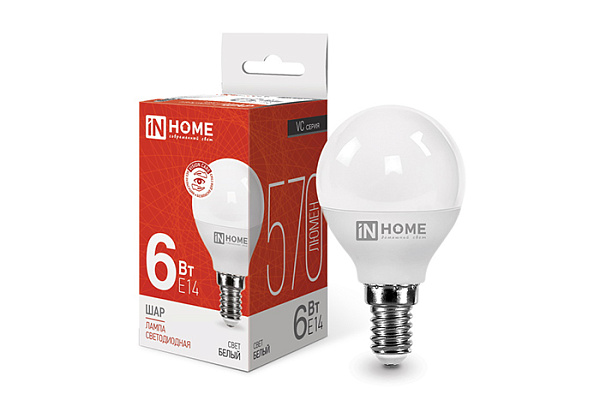 Лампа светодиодная IN HOME LED-ШАР-VC 6Вт 230В Е14 4000К 570Лм (518)