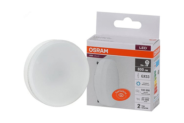 Лампа светодиодная OSRAM LED GX53 10Вт 6500К 800Лм таблетка 220В (замена 75Вт) (2125)