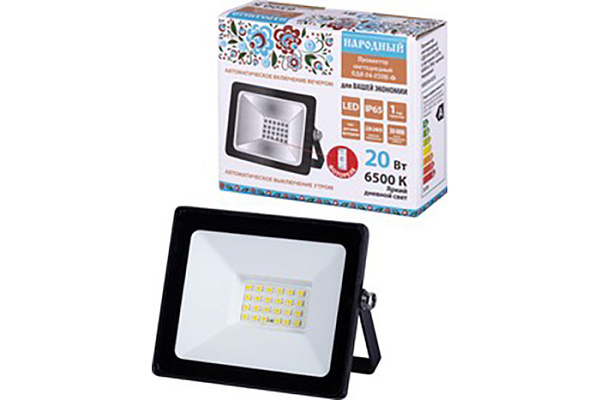 Прожектор светодиодный СДО-04-020Н-Ф (с фотореле) 20 Вт, 6500 К, IP65, черный, Народный (0336-0232)