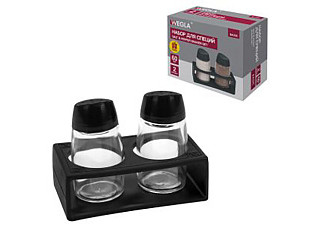 Набор для специй 2х60 мл, BASIC, подставка + солонка + перечница, стекло/пластик, черный, WEGLA (ВЕГ