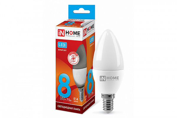 Лампа светодиодная IN HOME LED-СВЕЧА-VC 8Вт 230В Е14 4000К 720Лм (433)