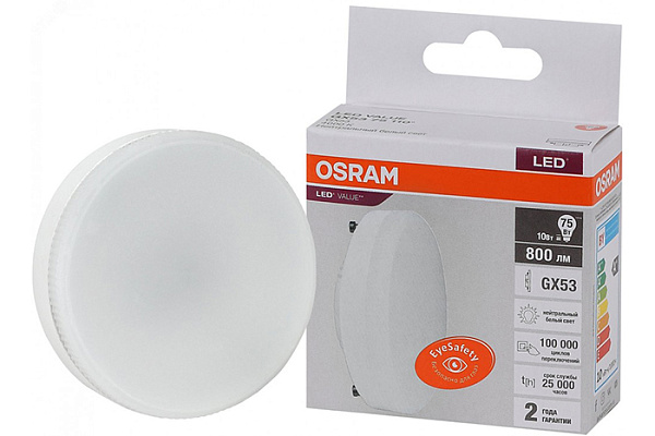 Лампа светодиодная OSRAM LED GX53 10Вт 4000К 800Лм таблетка 220 В (замена 75Вт) (2095)