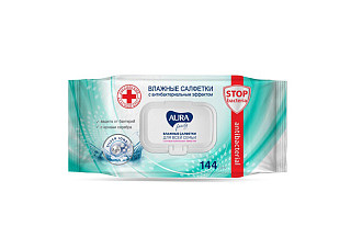 Салфетки влажные AURA FAMILY с антибактериальным эффектом, big-pack с крышкой 144шт (504)