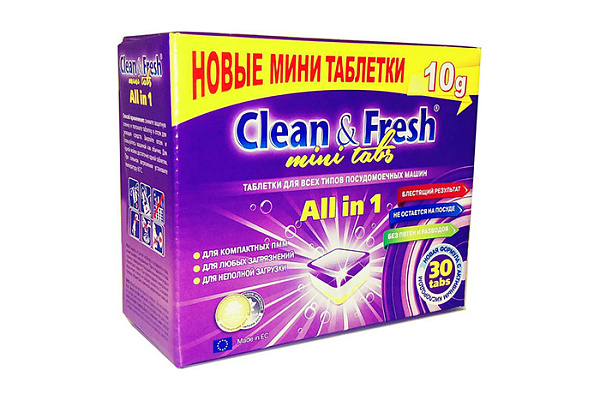 Таблетки для посудомоечных машин CLEAN&FRESH All in 1 mini tabs 30таб. 1/16 (106)