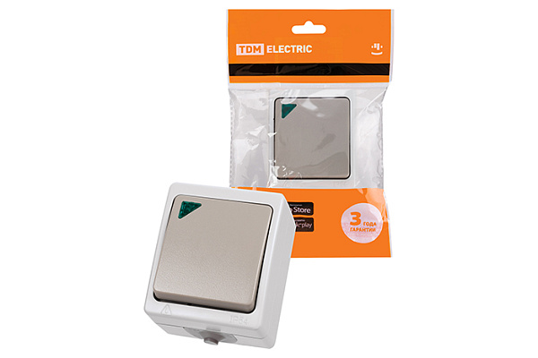 Выключатель TDM "Вуокса" 1-кл. открытой установки с подсветкой IP54 10А серый (1803-0004)