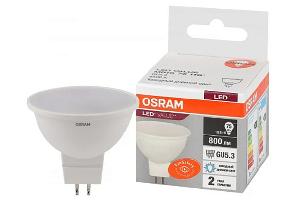 Лампа светодиодная OSRAM LED GU5.3 10Вт 6500К 800Лм спот 220В (замена 75Вт) (2934)