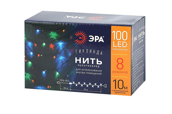 Гирлянда ERA Нить внутренняя IP20 10 м, 8 реж, 100LEDмультиколор, провод черный, 220V Б0041893 (627)
