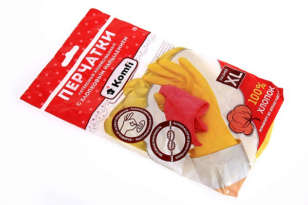 Перчатки хозяйственные латексные Komfi с х/б напылением желтые XL/120/10 DGL027P (389)