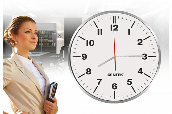 Часы настенные Centek СТ-7100 White (белый + хром) d=30см,плавный ход,круг,кварцевый механизм