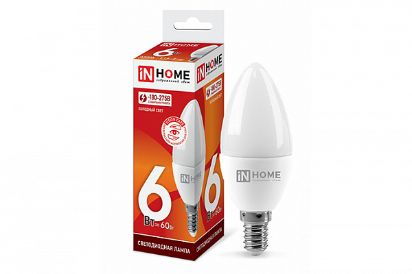 Лампа светодиодная IN HOME LED-СВЕЧА-VC 6Вт 230В Е14 6500К 540Лм (135/333)