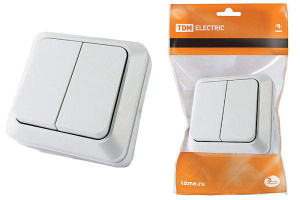 Выключатель TDM "Ладога" 2 кл. открытой установки IP20 10А, белый (1801-0003)